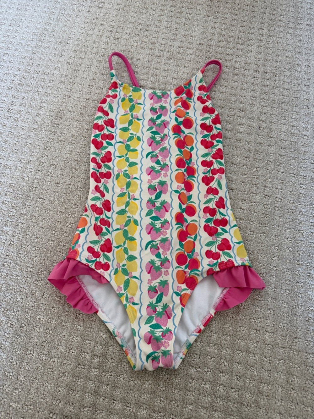 Mini Boden Pink Multi Fruit-Stripe One-Piece Swimsuit sz 8/9